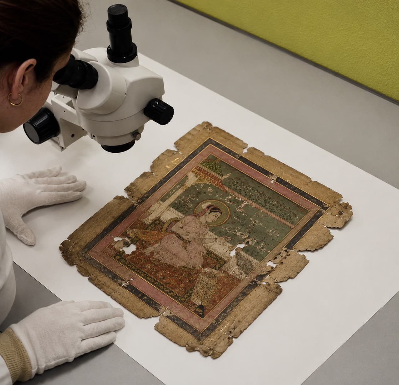 A conservator examining an artwork under a stereo microscope