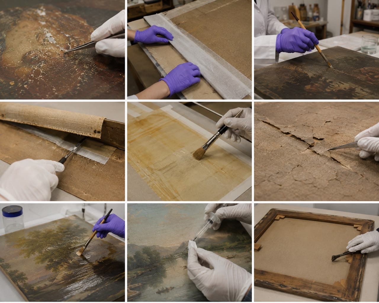 Nine stages of a canvas painting's treatment — from paint-layer consolidation and strip-lining to tear repair, retouching, and reframing