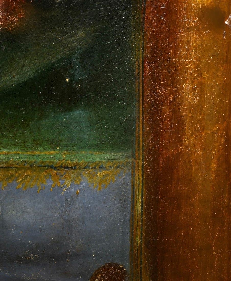 Craquelure and an old join in the surface of an aged oil painting